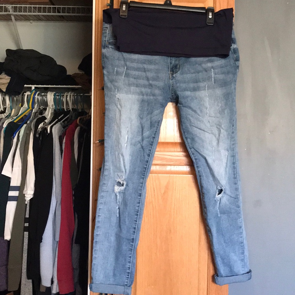 PinkBlush Blue Ripped Cuffed Maternity Jeans